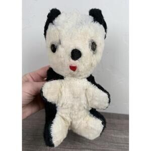 Vintage Stuffed Panda Bear Plush Toy Black White Red Mouth Glass Eyes